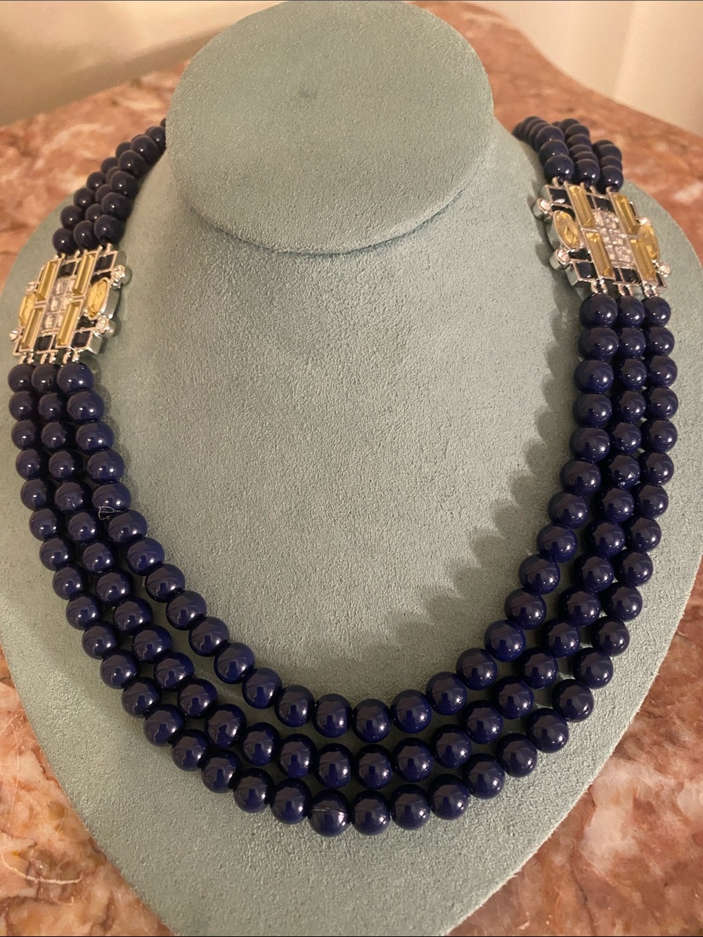 Lia Sophia Triple-Row Navy Bead Necklace Crystal Slide Accent Art Deco Clasp